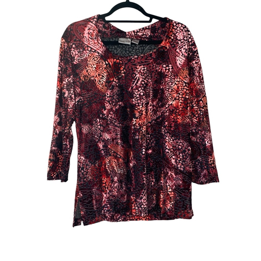 Chico’s‎ black w red velvet floral leopard long sleeve blouse. Size 2 (Lg) 12